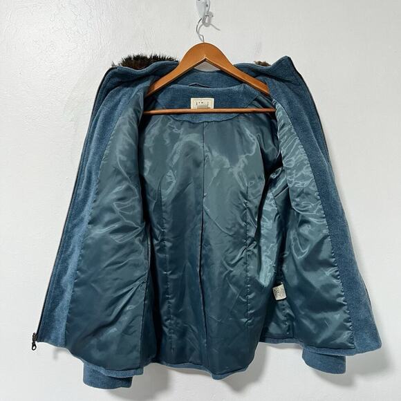VTG LL Bean Wool Blend Hooded Fur Trim Full Zip Jacket Size M Blue Outdoors - Picture 3 of 11